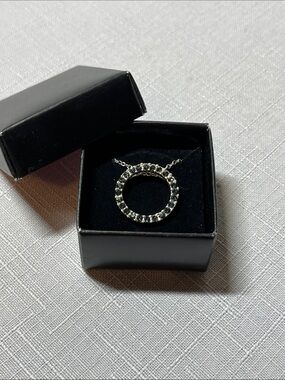 New AVON Silver Circle Pendant Necklace with dark Blue Stones
Box included